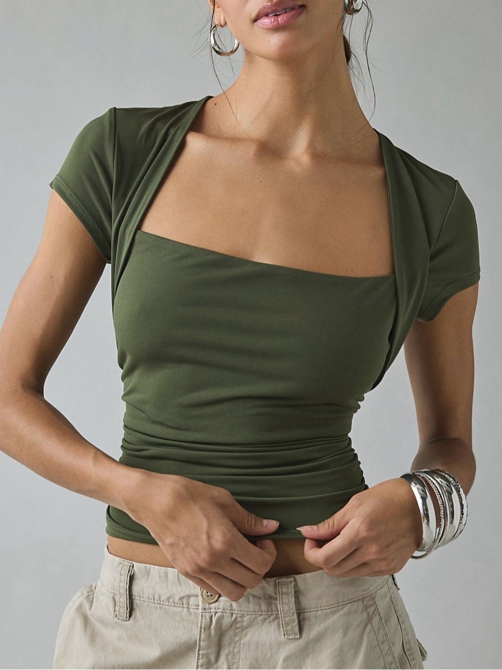 UO Claire Green Cropped Cap Short Sleeve Shrug Top